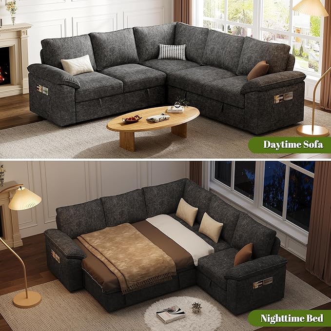 85 Inch Modular Sectional Sofa with Pull Out Bed,L Shaped 5 Seat Sectional Sleeper Sofa with Storage,Sectional Couches for Living Room,Cloud Modular Couch,Removable Sofa Cover,Dark Grey