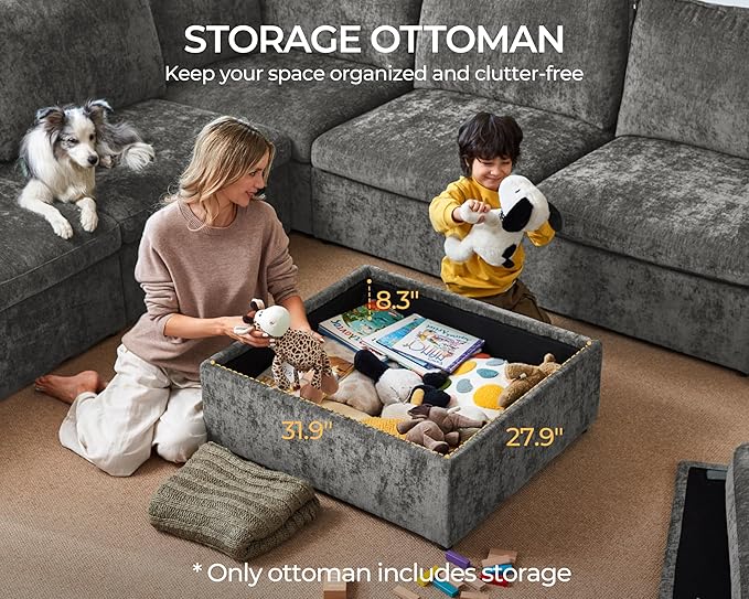 Oversized Modular Sofa Comfy Cloud Couch with Storage, Extra Deep Plush Sectional Sofa Set for Living Room, Covers Washable, Chenille, Olar (Grey, 4-Seater with Ottoman, l-Shaped)