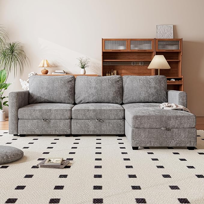 mestyl Modular Sectional Sofa Convertible L Shaped Sofa Couch Set with Storage for Living Room, Modern 3 Seater Modular Sectional Couch with Movable Ottoman (Grey)