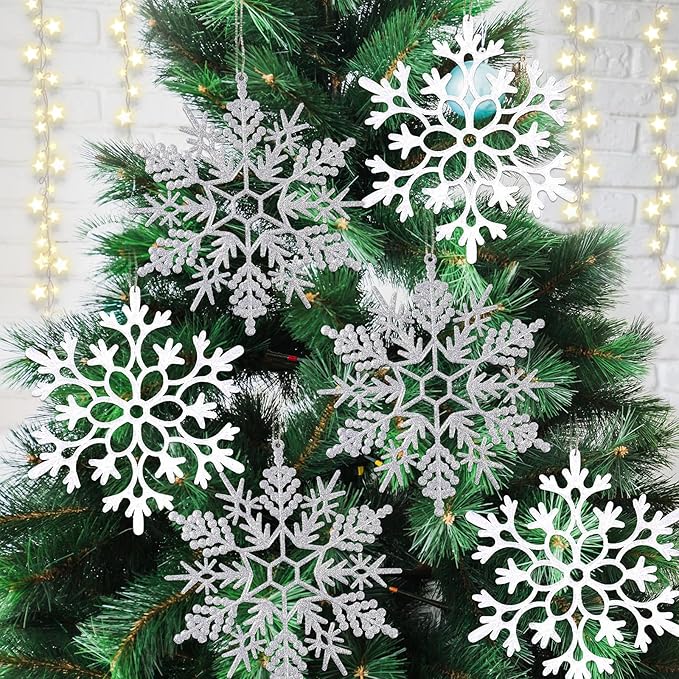 6pcs Large White Silver Snowflakes Ornaments Big Plastic Glitter Snowflake for Winter Indoor Outdoor Christmas Tree Window Room Decorations Giant Craft Snowflakes, 12/11.5 Inch