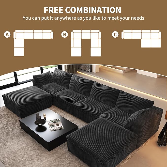 157.5" U Shaped Modern Sofa Modular Sectional Cloud Couch with 2 Ottoman,Deep Seat Upholstered Couches with Corduroy Fabric for Living Room Furniture,Bedroom and Apartment,No Assembly Required,Black