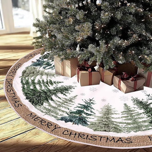 Baccessor Christmas Tree Skirt 48 Inch Pine Trees Snowy Forest Christmas Tree Skirt Collar for Farmhouse Vintage Rustic Merry Christmas Xmas Winter Holiday Party Decoration