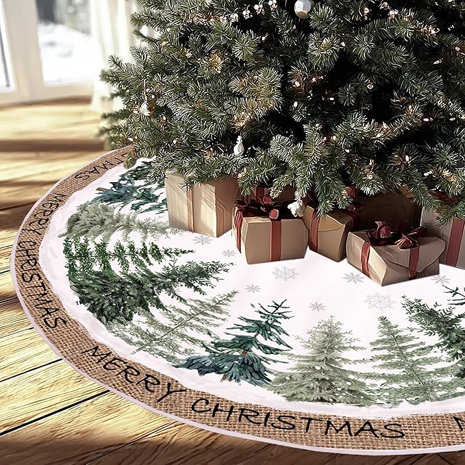 Baccessor Christmas Tree Skirt 36 Inch Pine Trees Snowy Forest Christmas Tree Skirt Collar for Farmhouse Vintage Rustic Merry Christmas Xmas Winter Holiday Party Decoration