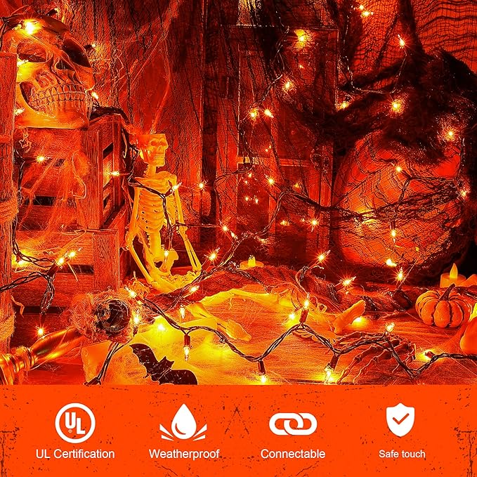 Orange Halloween Tree Lights with Green Wire,13ft 50 Incandescent Bulb Waterproof Fairy Lights，Plug in Mini String Lights for Christmas, Patio, Holiday, Party, Home, Indoor Outdoor Decor