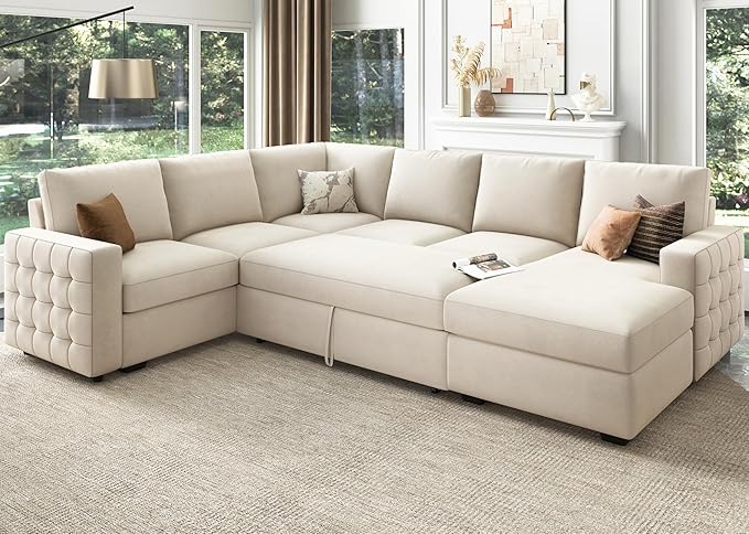 HONBAY Sectional Couch with Pull Out Bed, Sectional Sleeper Sofa with Storage, U Shape Couches for Living Room, Velvet Beige