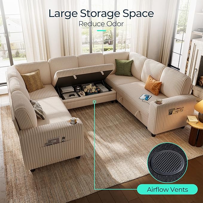 LINSY HOME Sectional Sleeper Sofa with Pull Out Couch Bed - Convertible Plush Corduroy Cloud Couch with Storage Chaise & USB Charging, Comfy Modular Couches for Living Room, Beige