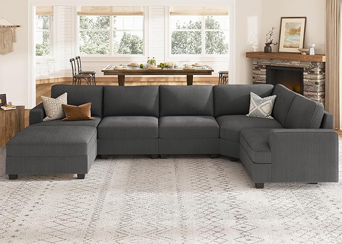 Nolany Sectional Sofa with Storage Ottoman, U Shape Couch with Chaise, Corduroy Modular Sectional Couch for Living Room, Dark Grey