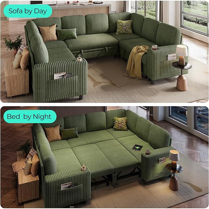 LINSY HOME Sectional Sleeper Sofa with Pull Out Couch Bed - Convertible Plush Corduroy Cloud Couch with Storage Chaise & USB Charging, Comfy Modular Couches for Living Room, Green