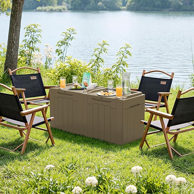 JUMMICO 31 Gallon Resin Deck Box Waterproof Indoor Outdoor Storage Boxes for Patio Furniture Cushions and Garden Tools (Light Brown, 31gallon-2 Packs)