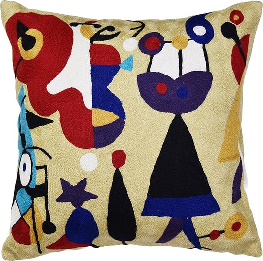 Abstract Decorative Pillow Cover Hand Embroidered Whimsical Toss Pillows Farmhouse Chair Cushion Contemporary Pillowsham Mid-Century Chair Cushions Wool Size 18x18
