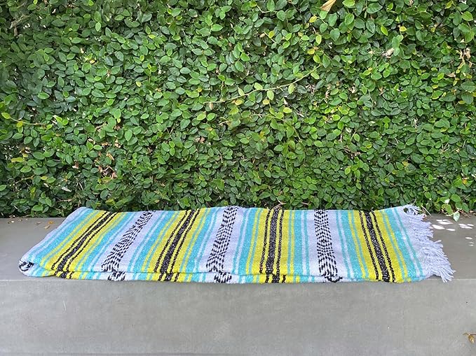 Del Mex Classic Mexican Blanket, Large Authentic Woven Falsa Throw (70"x50"), Artisan Southwest Décor for Beach, Yoga, Outdoors (Mint/Yellow)
