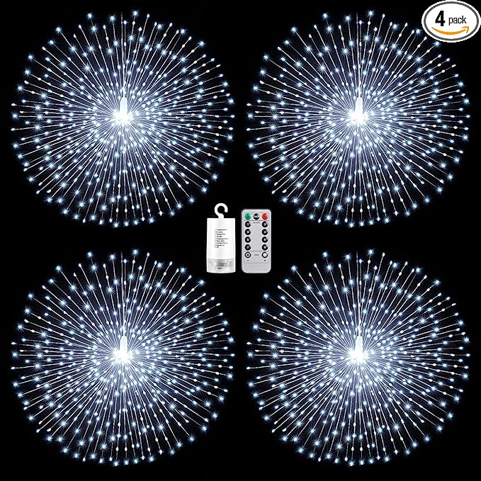 Techip 4 Pcs 225LED Battery Operated Fairy Lights With Remote - Indoor Outdoor Hanging Decor for Wedding, Bedroom, Patio, Garden, Christmas, Halloween (Cool White, 4pcs)