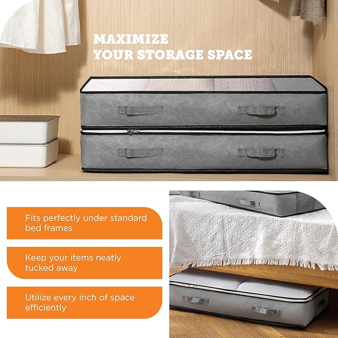 storageLAB Under Bed Storage Containers - Foldable Closet Organizer with Clear Top, Sturdy Handles - 7L Capacity Storage Box for Clothing, Comforter, Blanket, and Shoe - 2 Pack, Soft-Sided, Gray