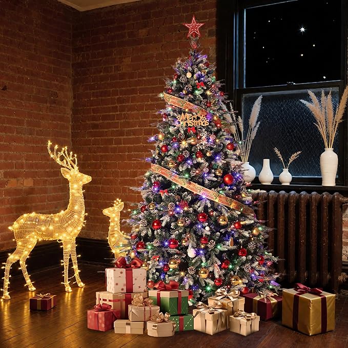 7.5 FT Snow Flocked Christmas Tree with 450 Warm Lights-8 Modes, Prelit Christmas Trees with Pine Cone & Gloves, Metal Folding Stand, Full Artificial Xmars Tree for Home Decor, Norway Spruce, Green