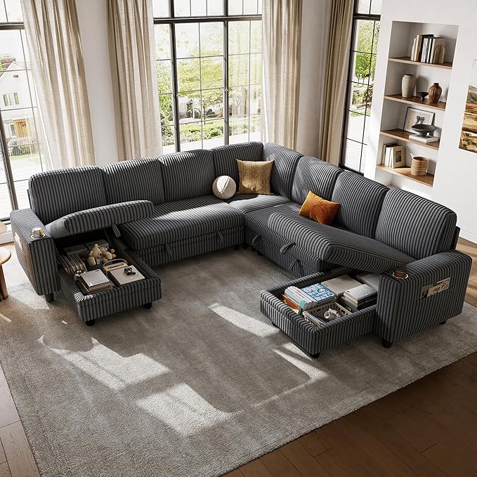 LINSY HOME Sectional Sleeper Sofa with Pull Out Couch Bed - Convertible Plush Corduroy Cloud Couch with Storage Chaise & USB Charging, Comfy Modular Couches for Living Room, Grey