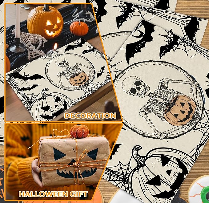Halloween Skeleton Placemats Set of 4, 12x18 Inch Pumpkin Bats Table Mats, Washable Heat Resistant Place Mats for Kitchen Dining Table, Spooky Themed Decoration for Home-B11