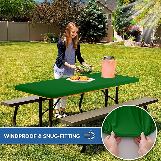 Fitted Tablecloth for 6 Foot Rectangle Tables-4 Pack Green Elastic Outdoor Picnic Table Cover-Spandex Stretch Folding Table Cloths 6 ft for Camping Dining Room Patio Kitchen Banquet Party