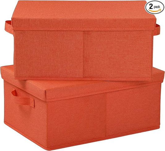 HOONEX Storage Bins with Lids for Organizing, Pack of 2, Storage Boxes with 2 Carrying Handles and Sturdy Heavy Cardboard, 16.5" L x 11.8" W x 7.5" H for Shoes, Books, Clothes, Nursery, Orange