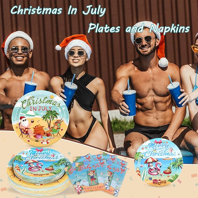 150Pcs Christmas in July Party Decorations Plates Napkins Summer Tropical Hawaiian Christmas Santa Beach Paper Plates for Christmas in July Beach Pool Party Supplies,Serves 50