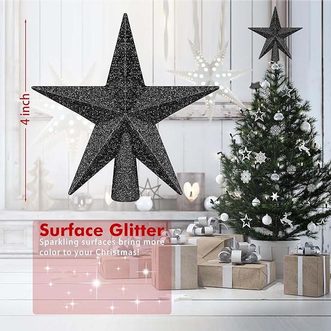 1PCS Christmas Star Tree Topper, 4" Black Christmas Tree Topper Decorations, 3D Glitter Shatterproof Mini Bethlehem Star Tree Decor, Waterproof Christmas Tree Topper for Holiday Indoor Ornament