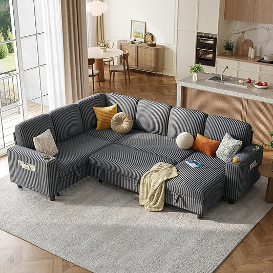 LINSY HOME Sectional Sleeper Sofa with Pull Out Couch Bed - Convertible Plush Corduroy Cloud Couch with Storage Chaise & USB Charging, Comfy Modular Couches for Living Room, Grey