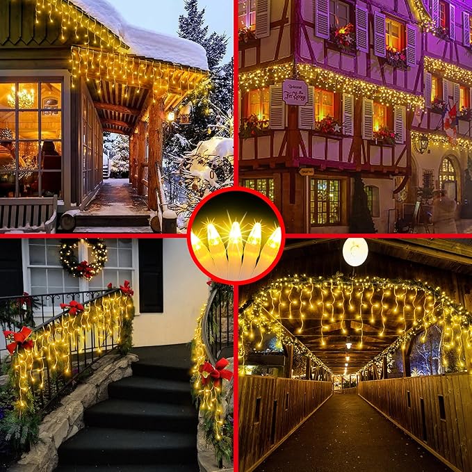 1296LED Christmas Lights with 288 Drops, 131ft 8 Modes Christmas String Lights Outdoor, Waterproof Christmas Decorations Fairy Lights with Timer Memory for Xmas Party Patio Window Fence Warm White