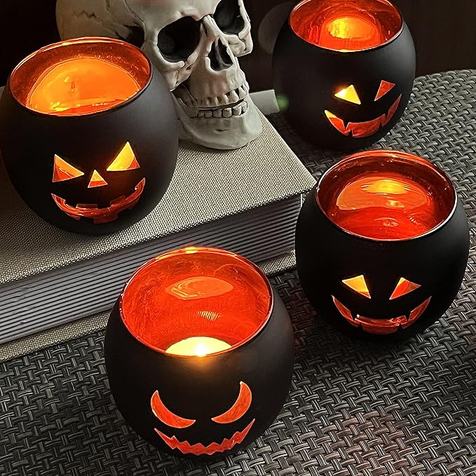 Halloween Table Decor Set of 6, Jack O Lanterns Black Glass Votive Tealight Candle Holders, Halloween Decorations Indoor Party Mantel Coffe Table Centerpiece Decor