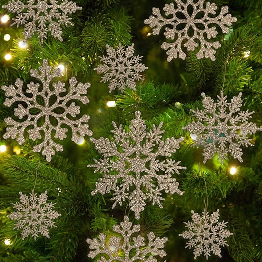 36pcs Christmas Champagne Gold Snowflake Ornaments Plastic Glitter Snow Flakes Ornaments for Winter Christmas Tree Decorations Size Varies Craft Snowflakes