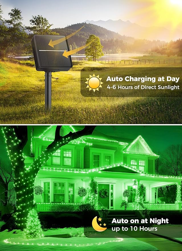 2-Pack 400LED 170FT Total Solar Outdoor Lights IP65 Waterproof Solar Powered Lights with 8 Lighting Modes for Party Garden Yard Home Holiday Tree Decoration Lighting,Green