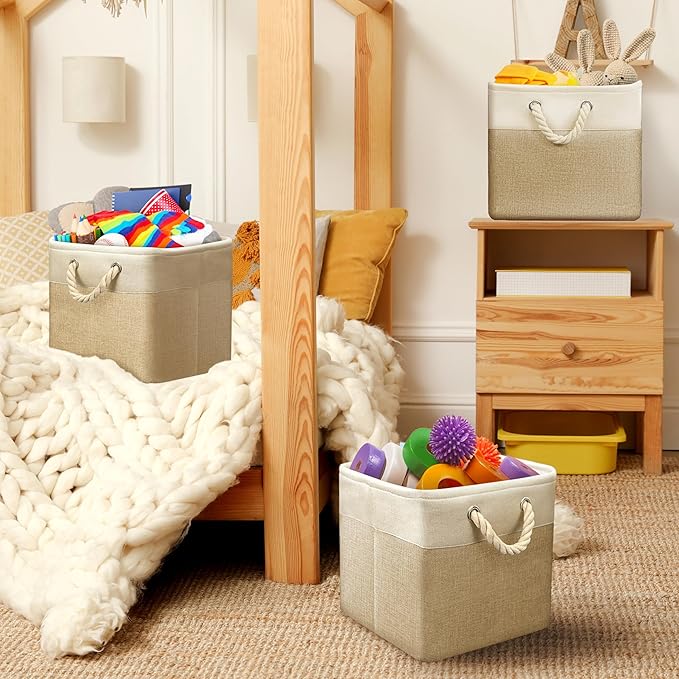 SIMPLE HOUSEWARE Fabric Storage Cubes, 13" x 13" Storage Bin, 3 Pack, Beige