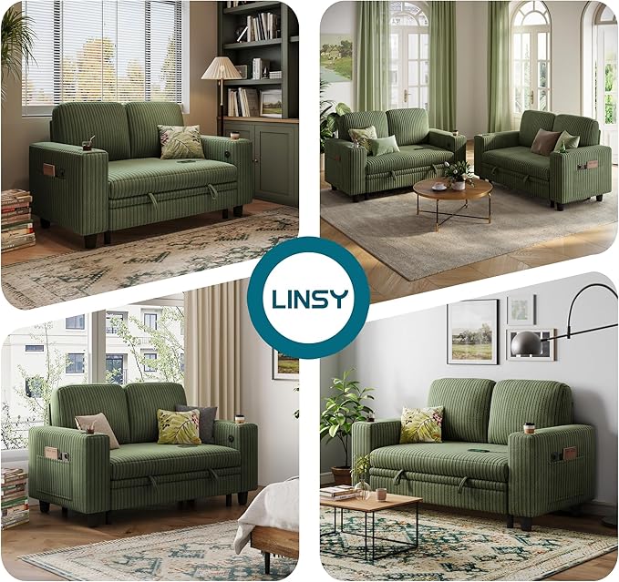 LINSY HOME Loveseat Sofa with Storage - Comfy Plush Corduroy 2 Seater Sofa with USB Charging & Cup Holders, Deep Seat Love Seat for Small Spaces Living Room Bedroom Apartment, Green