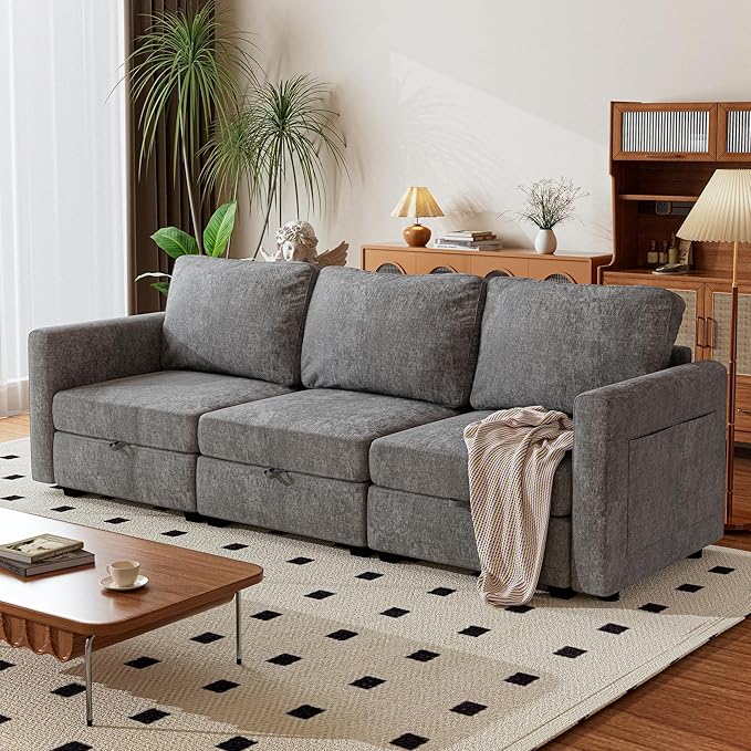 mestyl Modular Sectional Sofa Convertible Sofa Couch Set with Storage for Living Room, Modern 3 Seater Modular Sectional Couch (Grey)