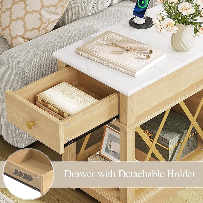 YITAHOME Farmhouse End Table Set of 2, Side Table with Power Outlets, Nightstand with Drawer and Open Storage, Rustic End Table for Living Room, Sleeping Room, Natural Walnut