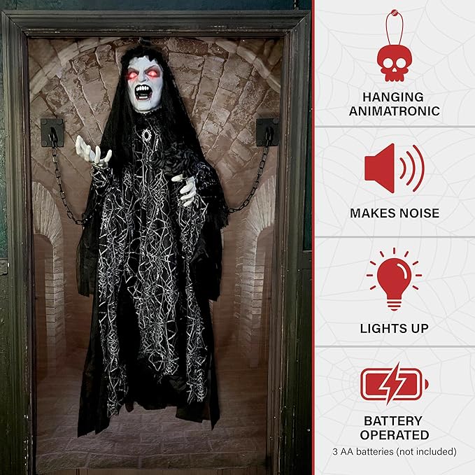 Haunted Hill Farm Animatronic Scary Demon Widow Door Greeter with Touch Activated Lights and Sound, Battery-Operated Indoor or Covered Outdoor Halloween Decoration