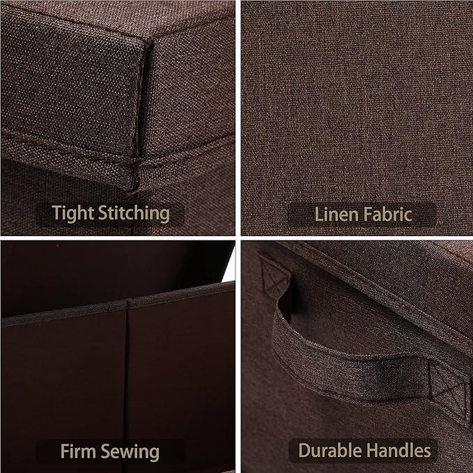 HOONEX Linen Foldable Storage Bins with Lids, 2 Pack, Storage Boxes with Carrying Handles and Sturdy Heavy Cardboard, 16.5" L x 11.8" W x 7.5" H for Shoes, Clothes, Brown