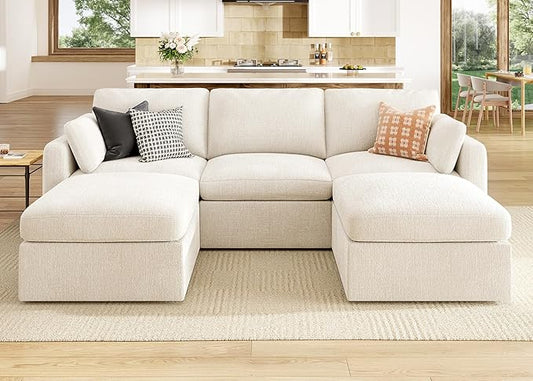 HONBAY Sectional Couch with Storage Seats, Modular Sectional Sofa with Storage Ottoman, U Shaped Sectional Couches for Living Room,Beige