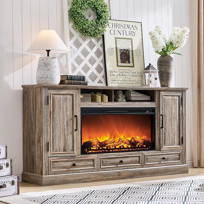 Fireplace TV Stand for 80 Inch TV, 35.7" Tall Farmhouse Entertainment Center W/36'' Electric Fireplace, Media Console with Large Storage Cabinets and Drawers for Living Room, Purple Oak