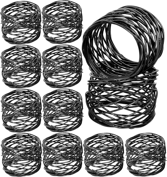 12 PCS Heavy Duty Metal Napkin Rings Set - Elegant Round Mesh Design for Table Decor, Durable Serviette Holders for Wedding, Dinner Party, Everyday Use (Black) - ALPHA Living HOME