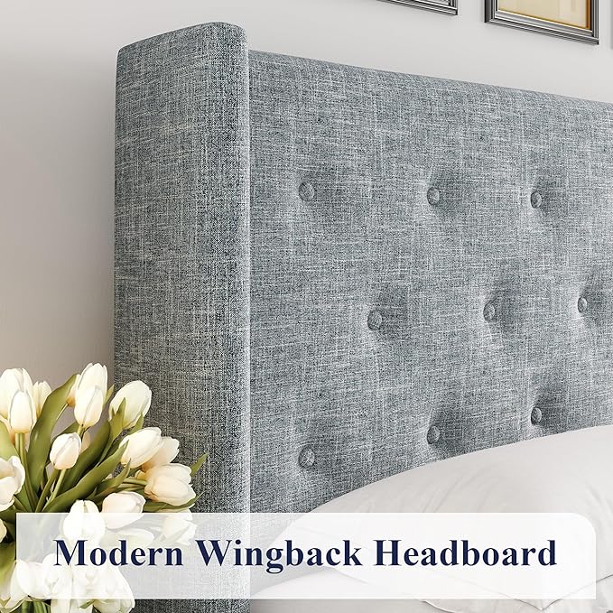 Allewie Queen Size Lift Up Storage Bed, Button Tufted Headboard with Wingback, Hydraulic Support, No Box Spring Needed, Grey Blue