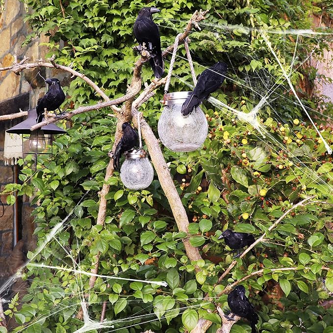 ATDAWN 12 Pack Halloween Black Feathered Crows, Realistic Looking Halloween Birds Decoration