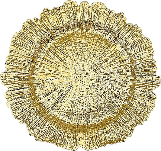 Henilosson 13 inch Gold Charger Plates,Round Plastic Reef Plate Chargers for Dinner Plates,Wedding,Party Elegant Decoration Place mats (6, GOLD)
