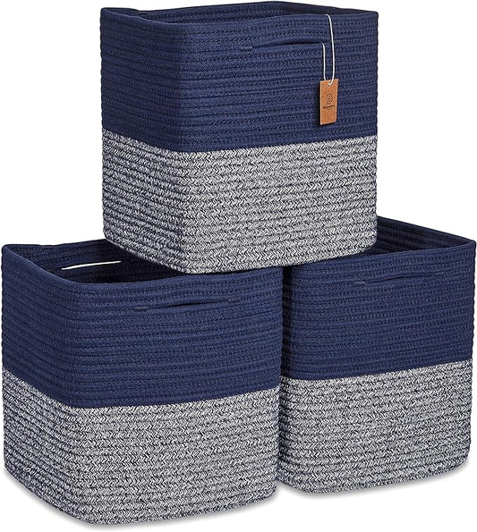 NaturalCozy Storage Cubes 11 Inch Cotton Rope Woven Baskets for Organizing, 3-Pack | Cube Storage Bin | Square Storage Baskets for Shelves Organizer, Classroom, Kids Toy Bins, Closet, Baby Nursery