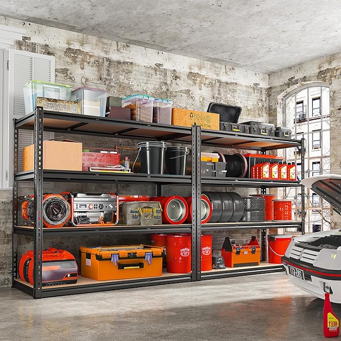 REIBII 48" W Garage Shelving Heavy Duty 2550 LBS Storage Shelves 4 Tier Heavy Duty Shelving, Adjustable Metal Shelves, Industrial Shelf for Garage, Warehouse, Pantry, 48" W x 60" H x 24" D