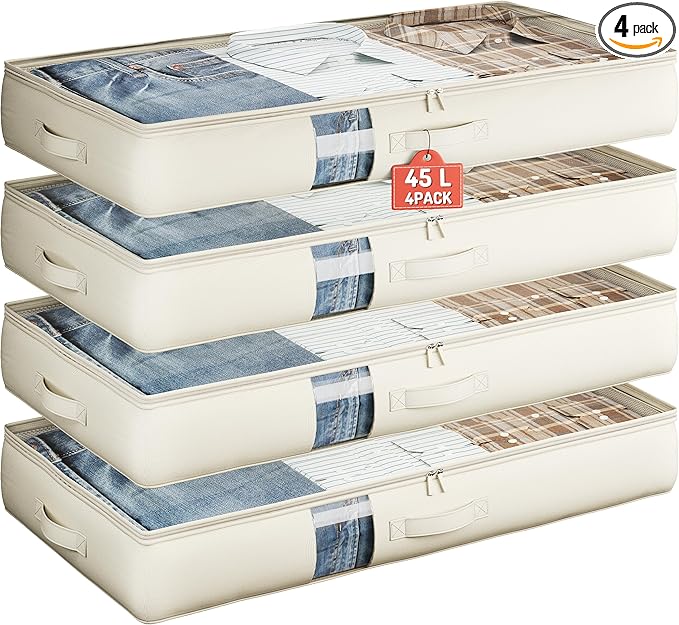 Soft-Sided Foldable Under bed Storage Bags with Window,No Rigid Frame Closet Organizers,Storage Containers for Blankets, Clothing, Comforter, Collapsible Fabric Design,4 Pack, White Ivory