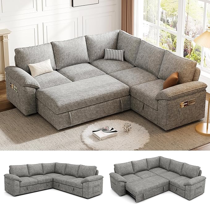 85 Inch Modular Sectional Sofa with Pull Out Bed,L Shaped 5 Seat Sectional Sleeper Sofa with Storage,Sectional Couches for Living Room,Cloud Modular Couch,Removable Sofa Cover,Light Gray