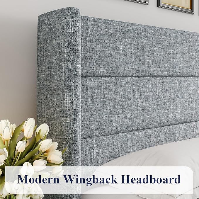 Allewie King Size Lift Up Storage Bed, Modern Wingback Headboard, Hydraulic Support, No Box Spring Needed, Grey Blue