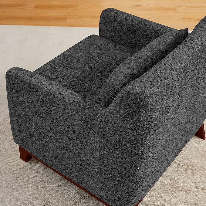 Extra Deep Accent Chair, Comfy Fabric Armchair with Wood Base, Upholstered Single Sofa Chair for Living Room & Bedroom, Boucle Dark Gray