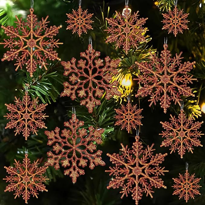 36pcs Snowflakes-Christmas Tree Decorations, Snowflake Ornaments for Tree, Plastic Glitter Red Gold Snow Flakes Ornaments, Christmas Indoor Winter Wonderland Frozen Birthday Party Holiday Home Decor