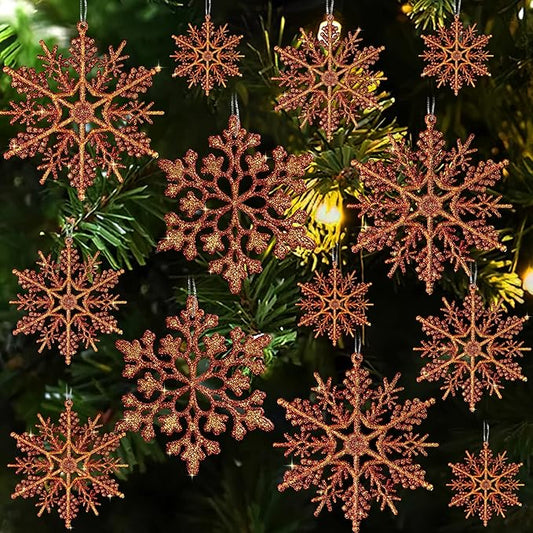 36pcs Snowflakes-Christmas Tree Decorations, Snowflake Ornaments for Tree, Plastic Glitter Red Gold Snow Flakes Ornaments, Christmas Indoor Winter Wonderland Frozen Birthday Party Holiday Home Decor