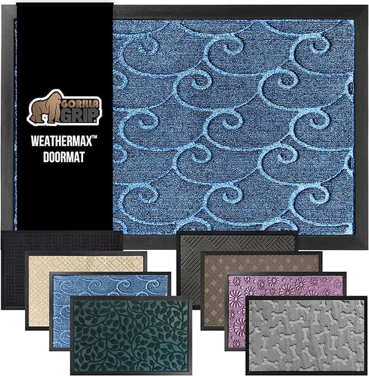 GORILLA GRIP 100% Waterproof All-Season WeatherMax Doormat, 47x35, US Designed Natural Rubber, Stain and Fade Resistant, Low Profile Indoor Outdoor Door Mats, Easy Clean Patio Mat, Ocean Blue Waves